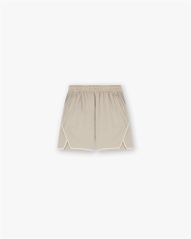 Front product image of a mens grey shorts on a plain white background | Team 247 Aero Shorts in Pebble | Slim fit shorts with zip detailing | 247 Shorts | Represent Clo
