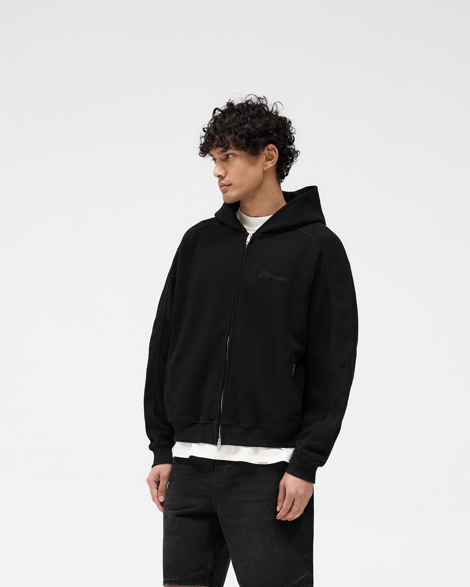 Waffle Zip Through Hoodie - Negro Azabache