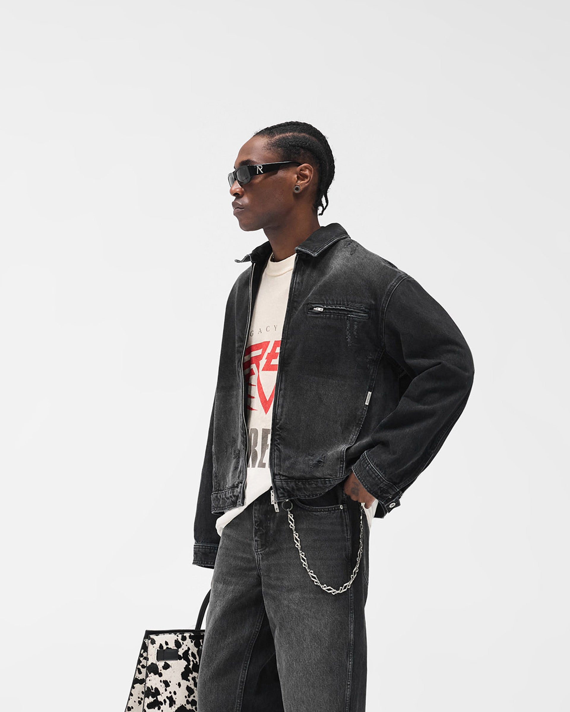 Collared Denim Jacket - Aged Black