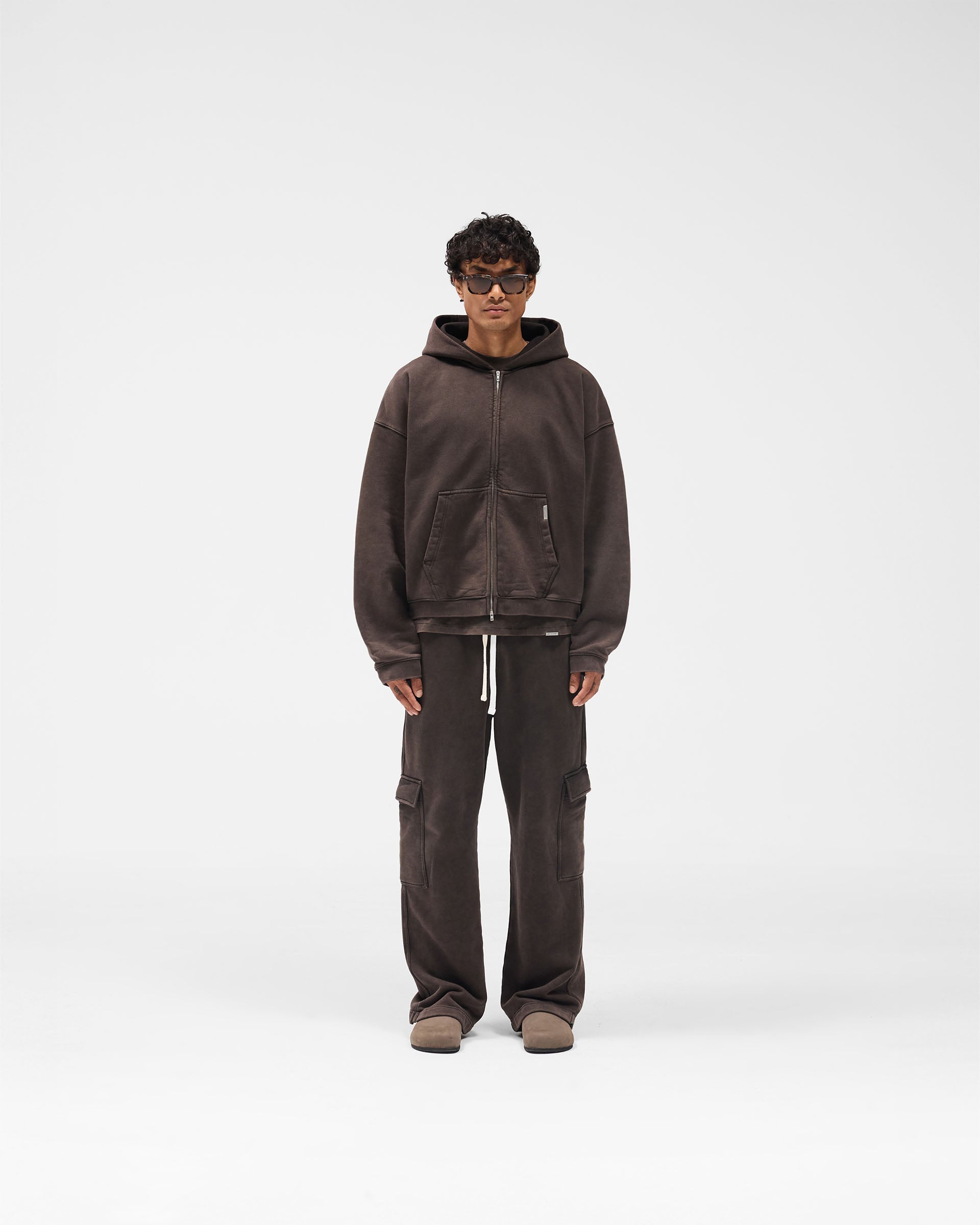 Initial Boxy Zip Through Hoodie - Coffee