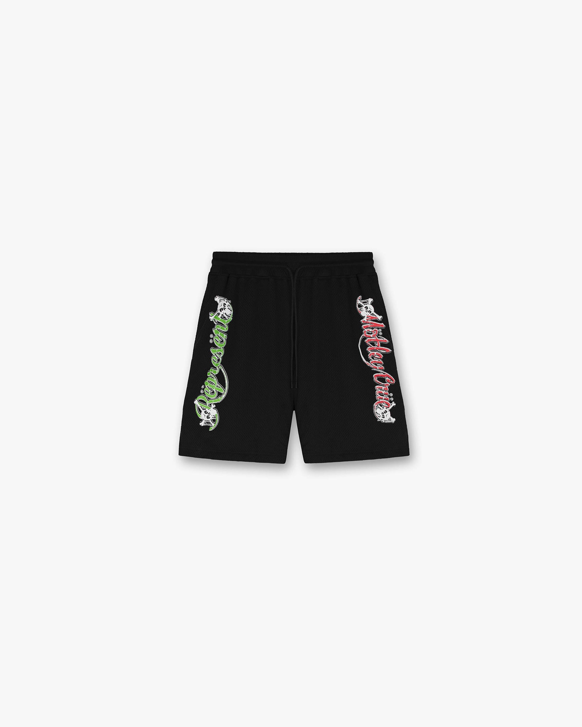 Represent x Mötley Crüe™️ Logo Mesh Shorts | Jet Black Shorts SS23 Other | Represent Clo