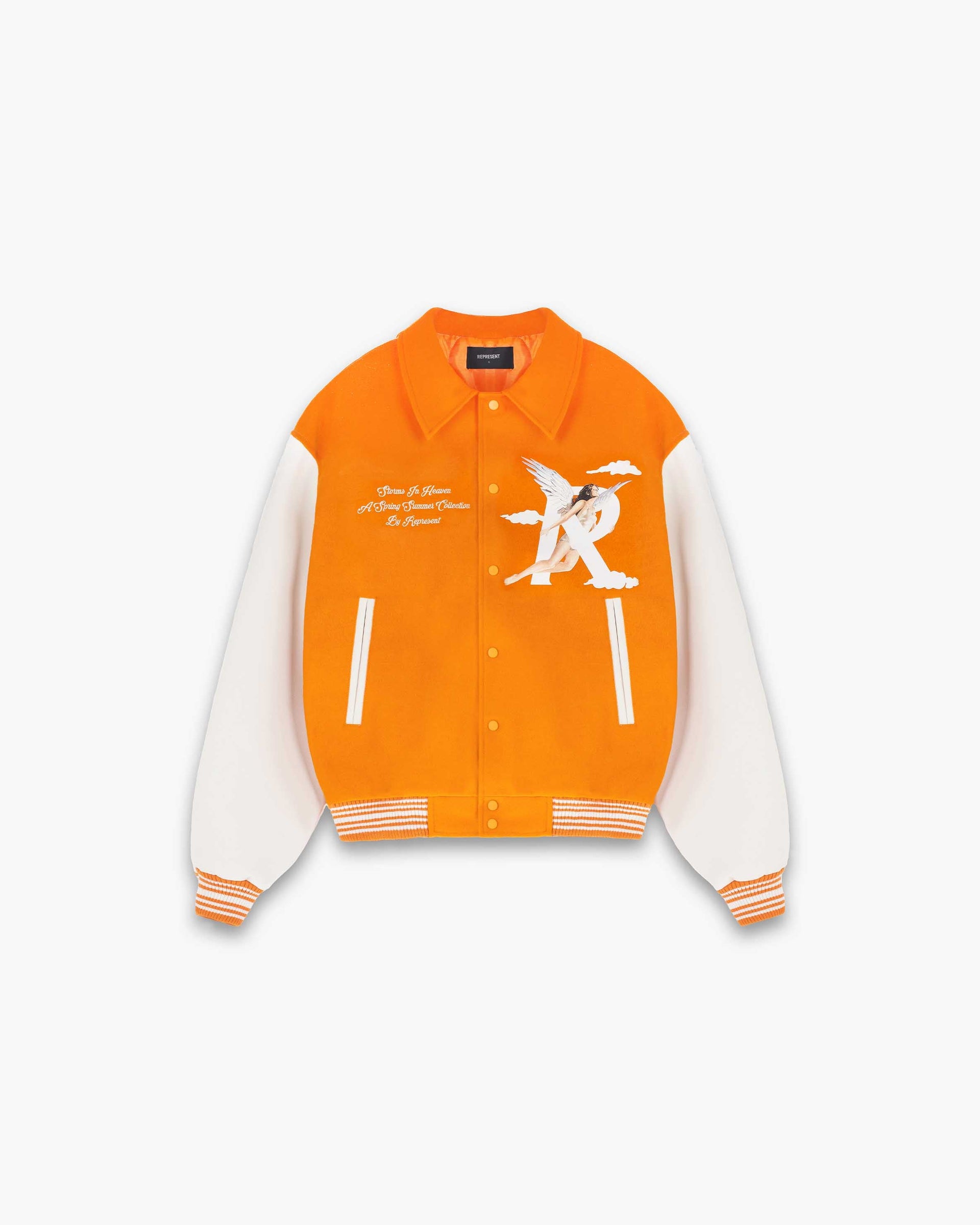 Storms in Heaven Varsity Jacket | Neon Orange Outerwear SS23 | Represent Clo